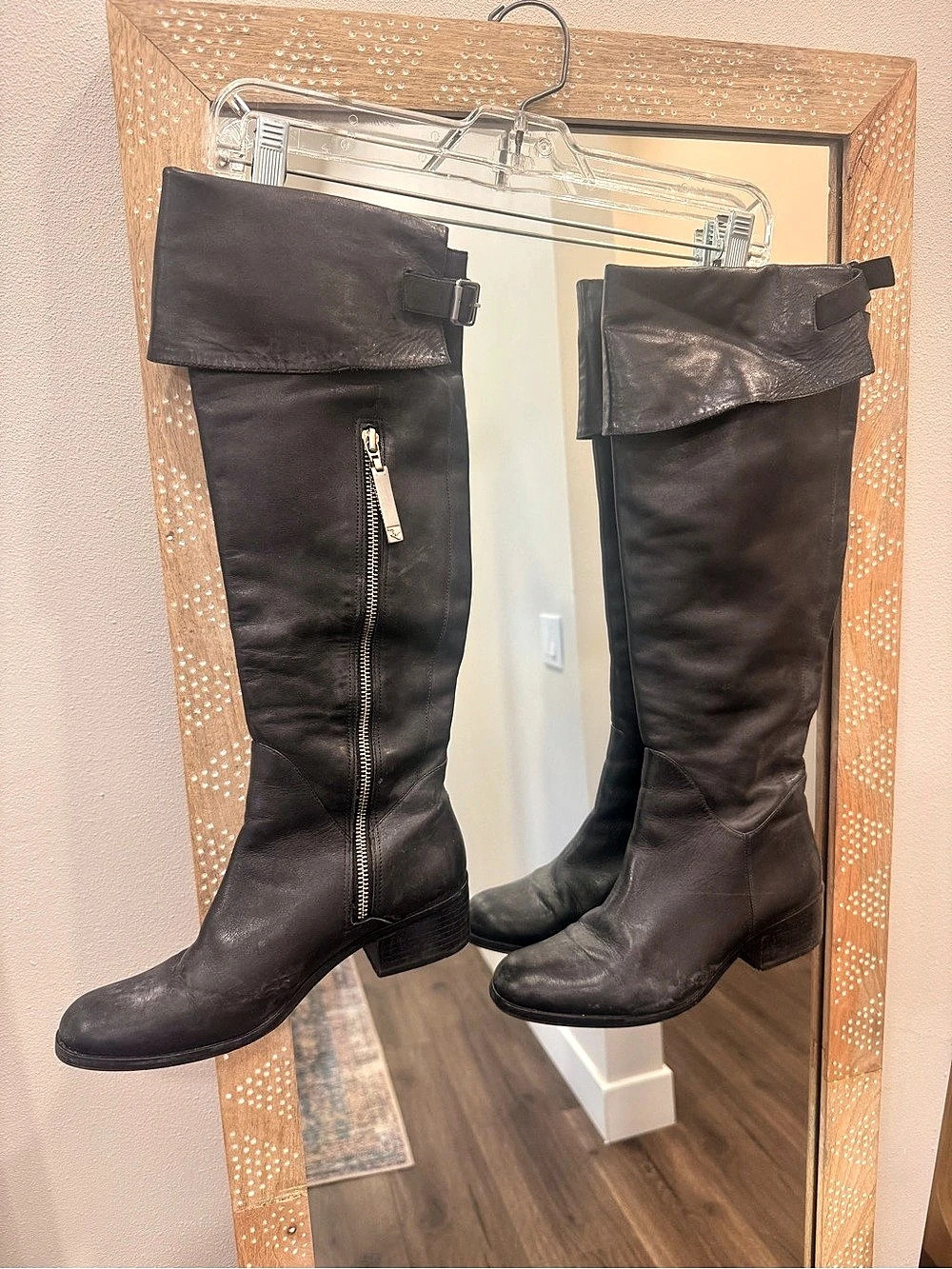 Pour la Victorie premium black leather over-the-knee foldover riding boots.